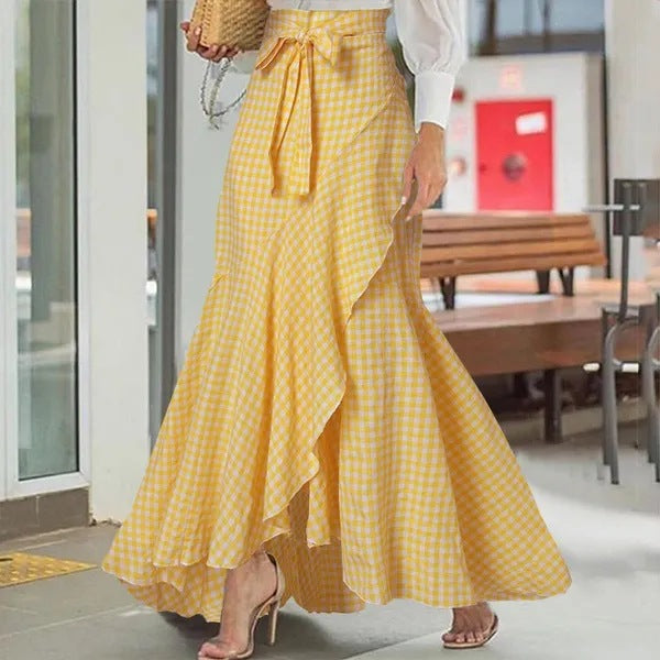 Isolde | Womens Plaid High Waisted Ruffle Mermaid Maxi Skirt - Yellow
