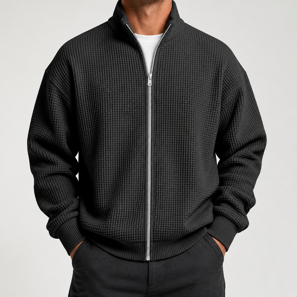 Ivor | Mens Waffle Jacket Stand Collar Zip Up Casual Jacket, Black