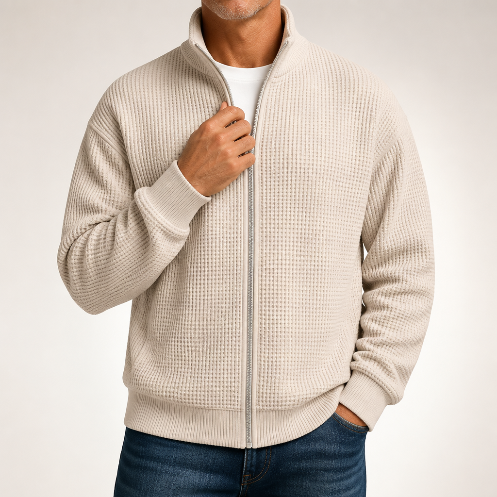 Ivor | Mens Waffle Jacket Stand Collar Zip Up Casual Jacket, Khaki