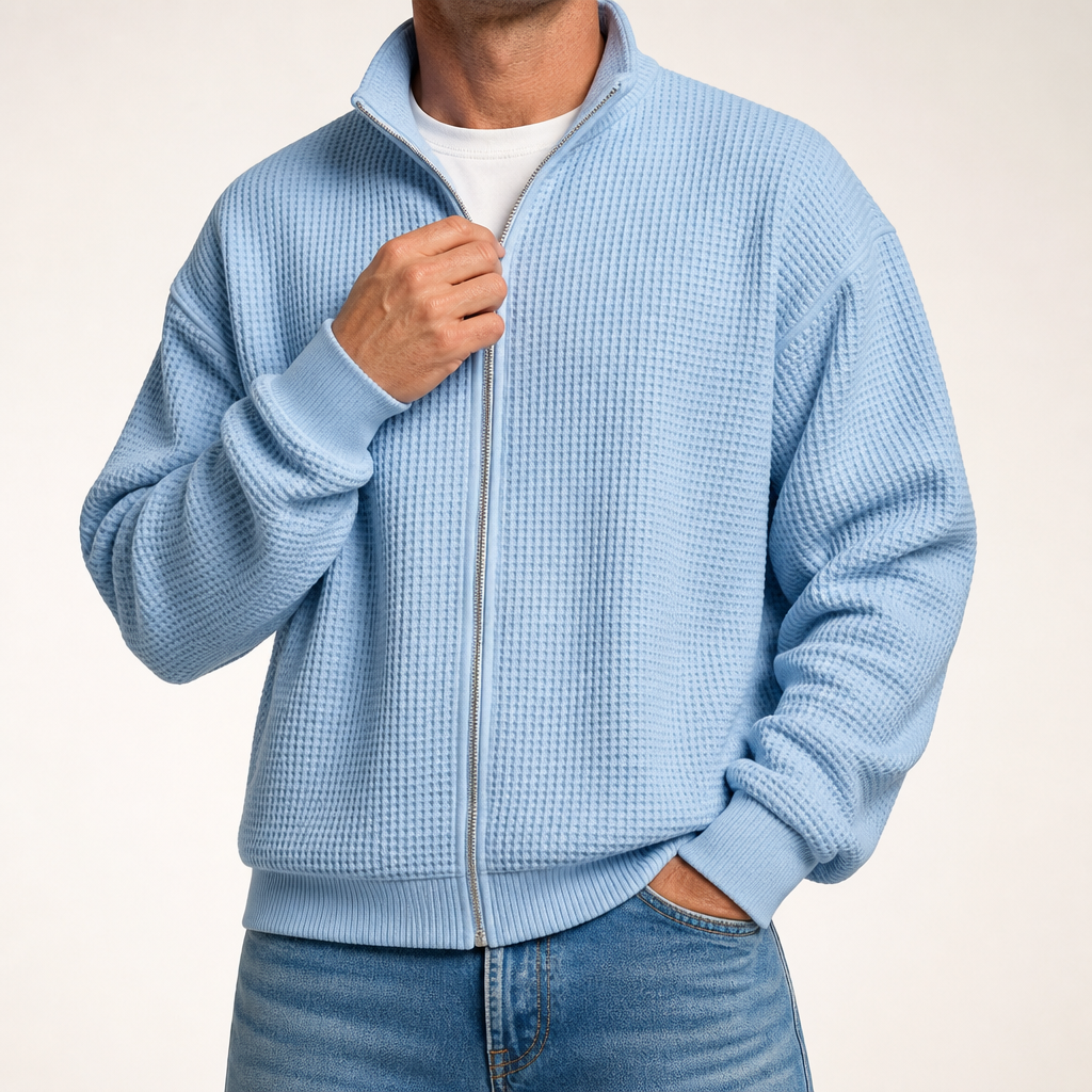 Ivor | Mens Waffle Jacket Stand Collar Zip Up Casual Jacket, Sky Blue