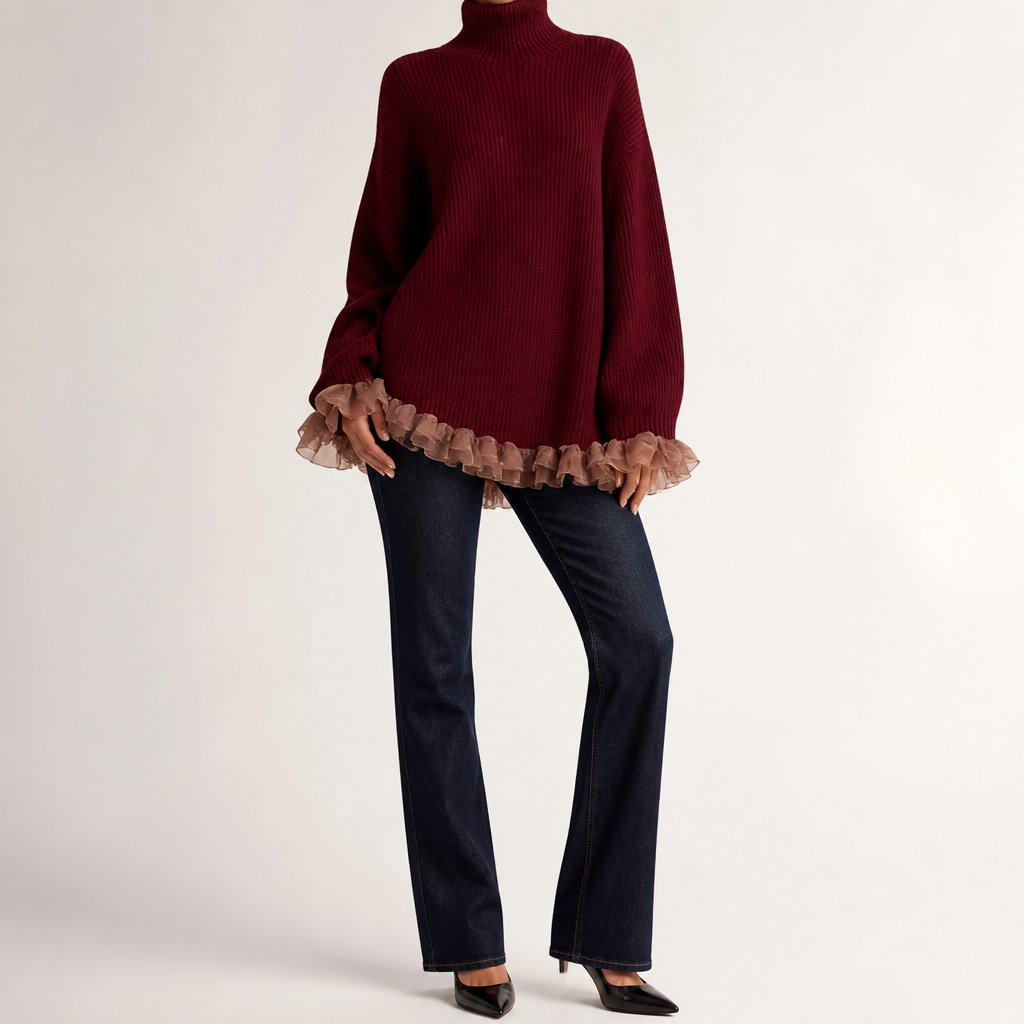 Jarvis | Womens Jumper Knitted High Neck Ruffle Warm Winter Sweater, Design 3