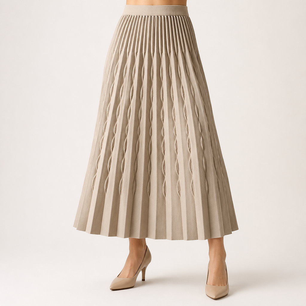 Jarvis | Womens Pleated Skirt A Line High Waisted Knitted Long Skirt, Apricot