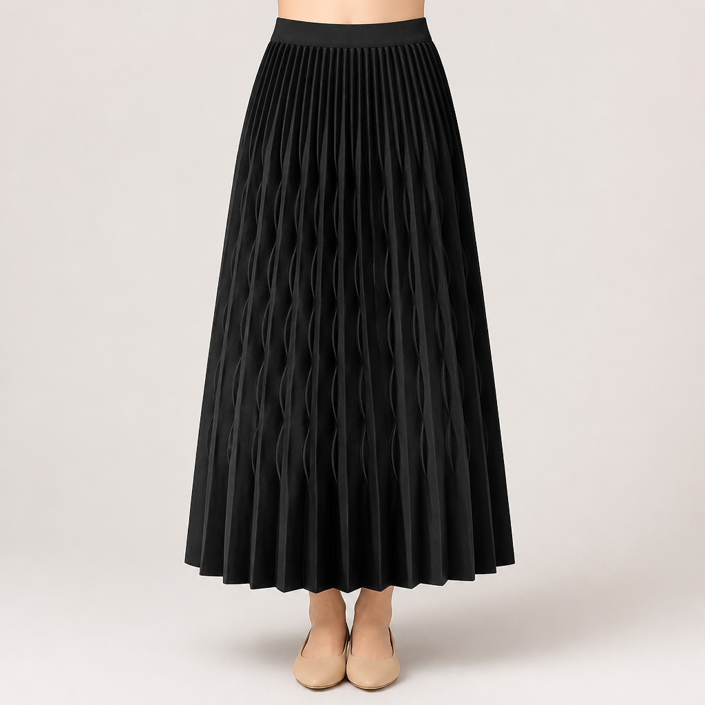 Jarvis | Womens Pleated Skirt A Line High Waisted Knitted Long Skirt, Black