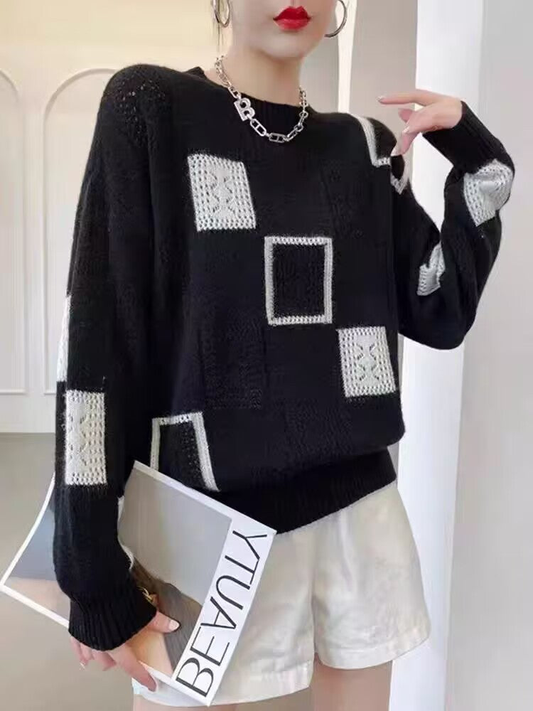 Josephine | Womens Checkerboard Knit Sweater, Black