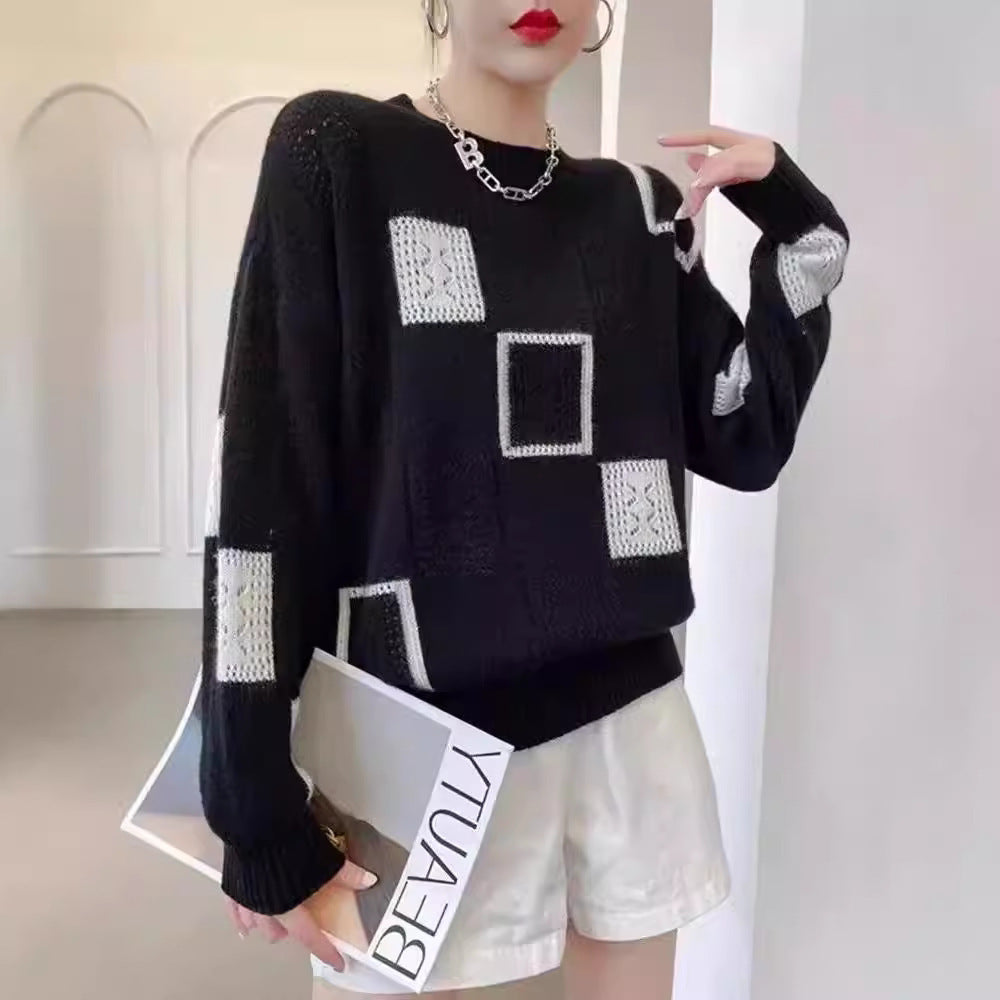 Josephine | Womens Checkerboard Knit Sweater, Black