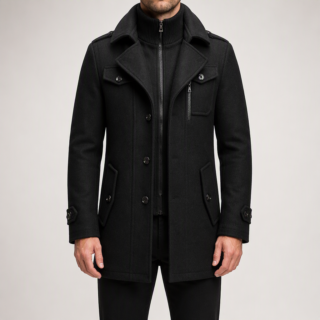 Jules | Mens Wool Double Collar Winter Black Camel Grey Coat, Black