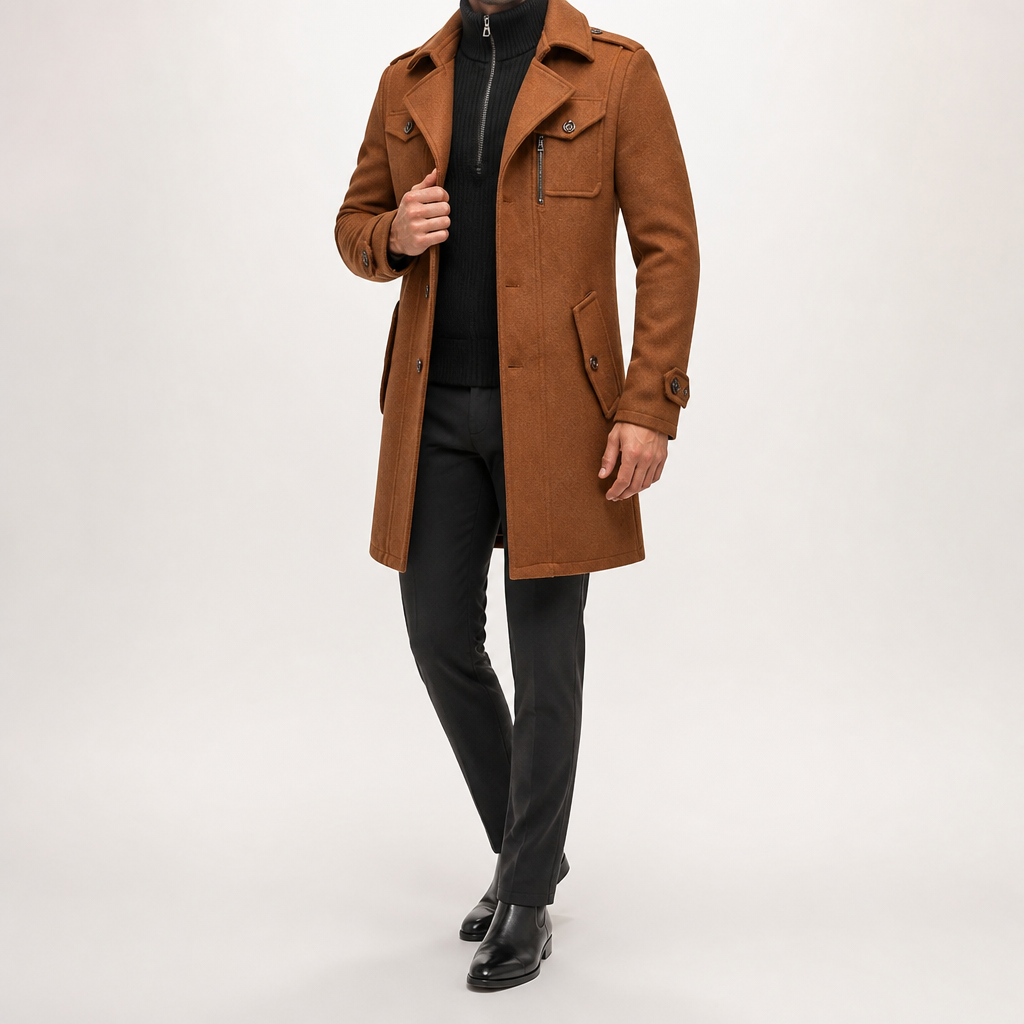 Jules | Mens Wool Double Collar Winter Black Camel Grey Coat, Camel