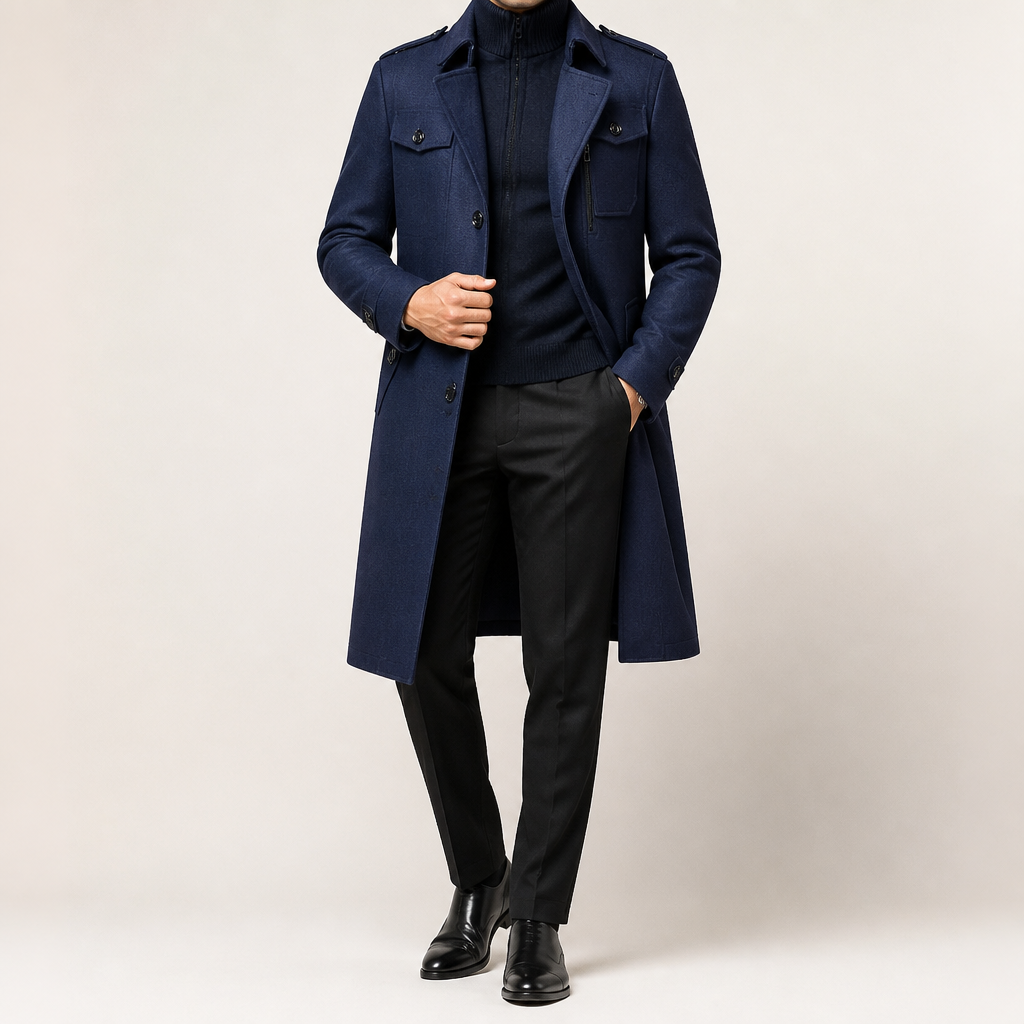 Jules | Mens Wool Double Collar Winter Black Camel Grey Coat, Navy Blue