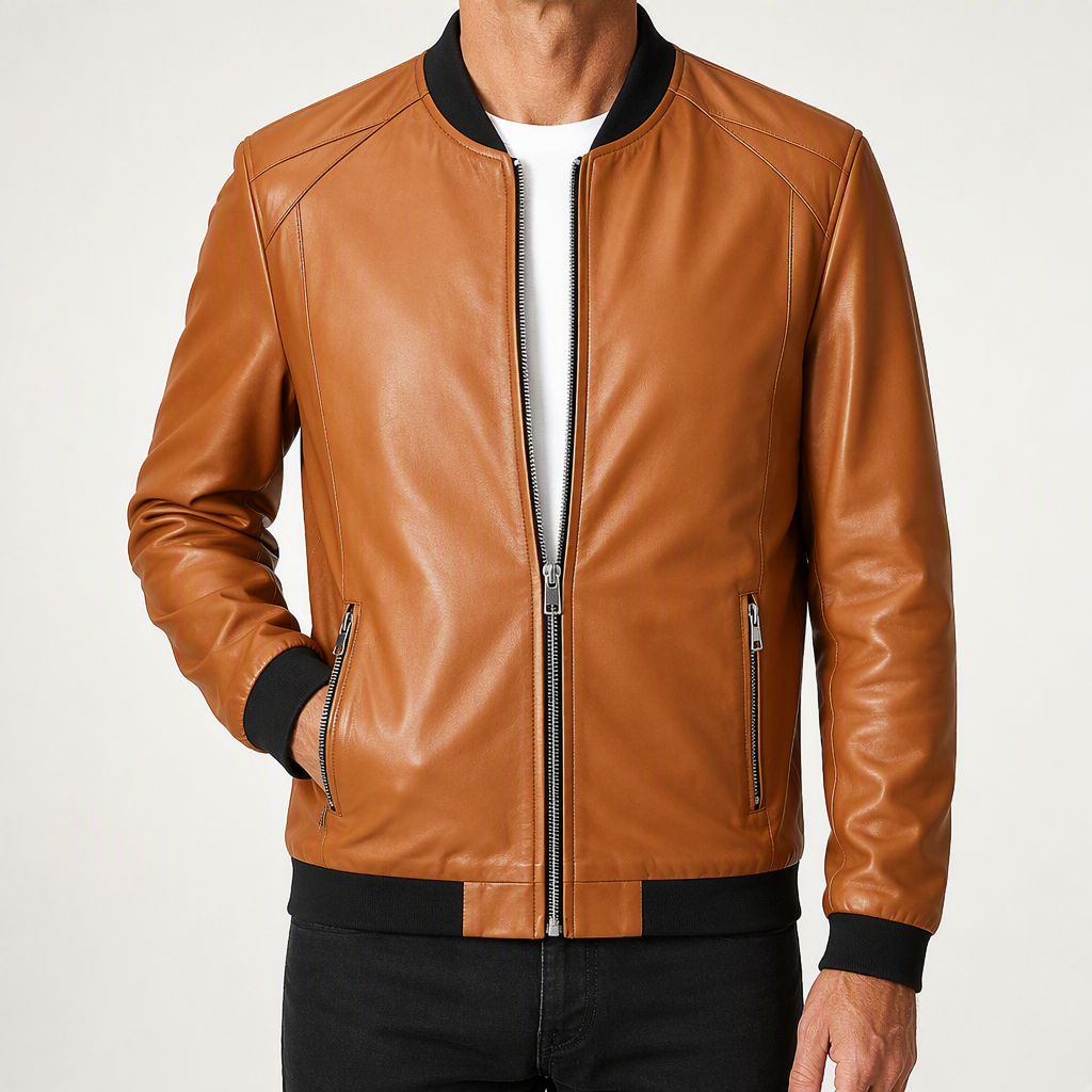 Kai | Mens Leather Slim Fit Casual Classic Fashion Jacket, Orange