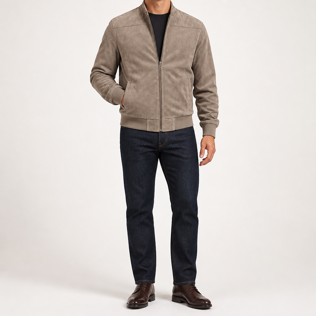 Keir | Mens Cardigan Zip Up Stand Collar Suede Jacket Coat, Brown
