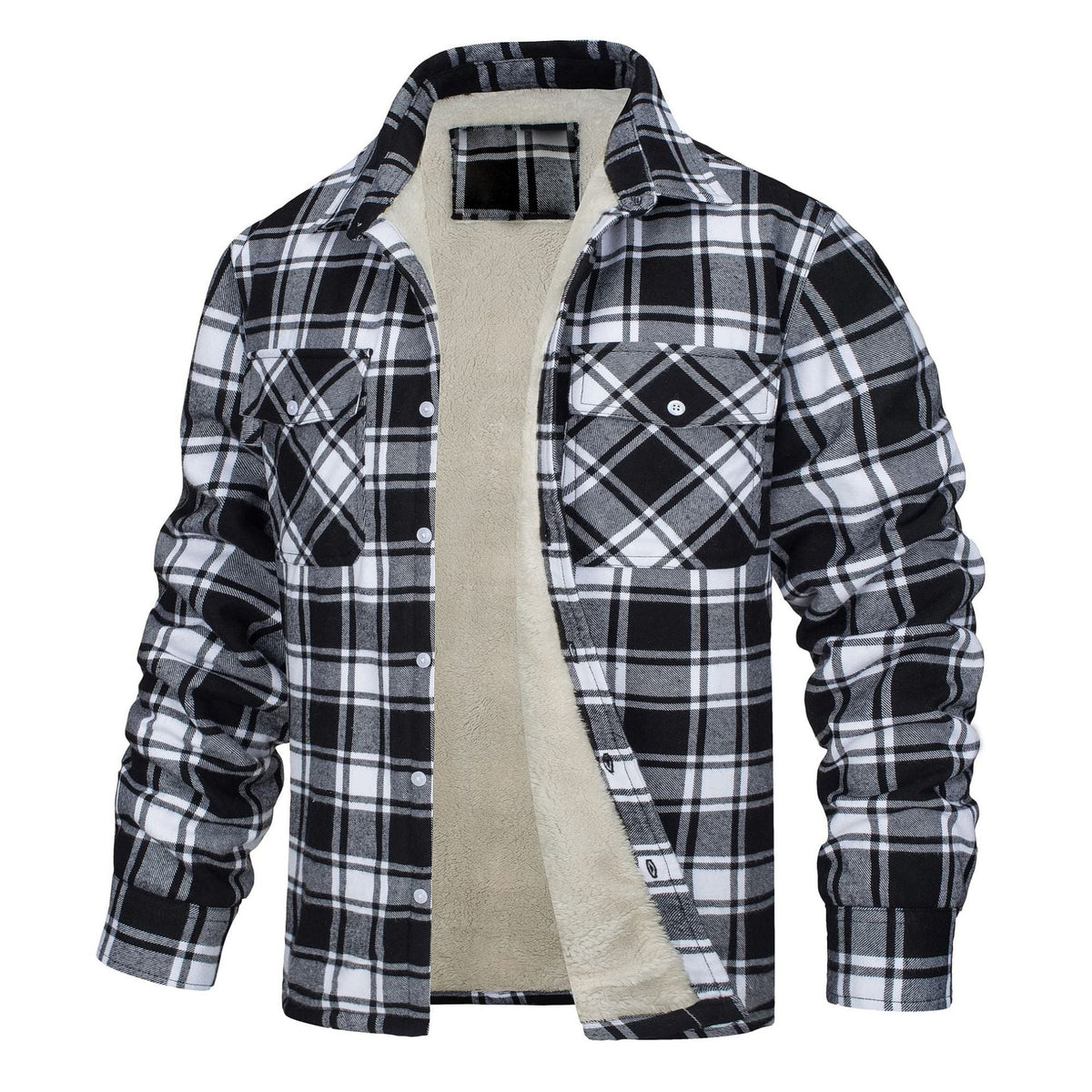 Keir | Mens Flannel Plaid Shirt Jacket, Black White Fleece Lined
