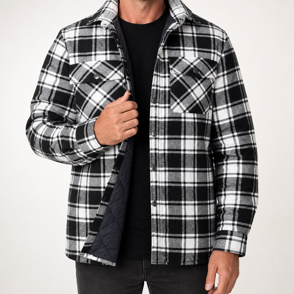 Keir | Mens Flannel Plaid Shirt Quilted Fleece Winter Down Padded Jacket, Black White Quilted