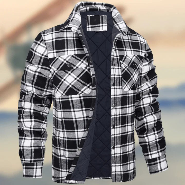 Keir | Mens Flannel Plaid Shirt Jacket, Black White Quilted