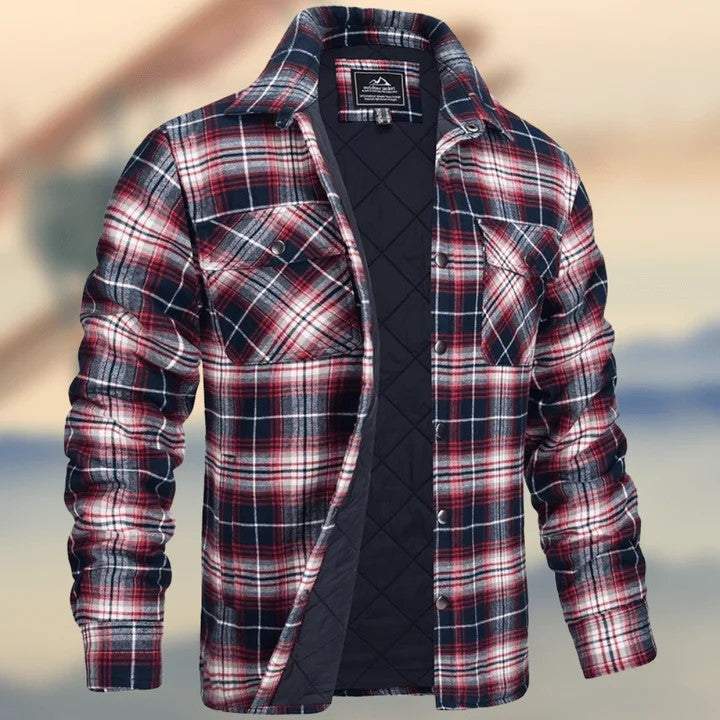 Keir | Mens Flannel Plaid Shirt Jacket, Burgundy Quilted