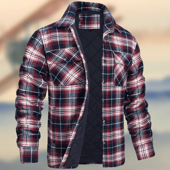 Keir | Mens Flannel Plaid Shirt Jacket, Burgundy Quilted