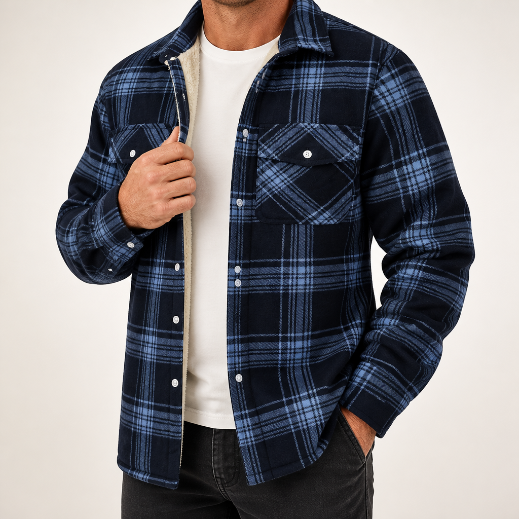 Keir | Mens Flannel Plaid Shirt Quilted Fleece Winter Down Padded Jacket, Dark Blue