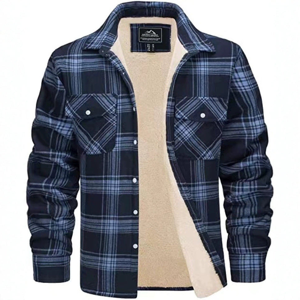 Keir | Mens Flannel Plaid Shirt Jacket, Dark Blue Plaid Fleece Lined