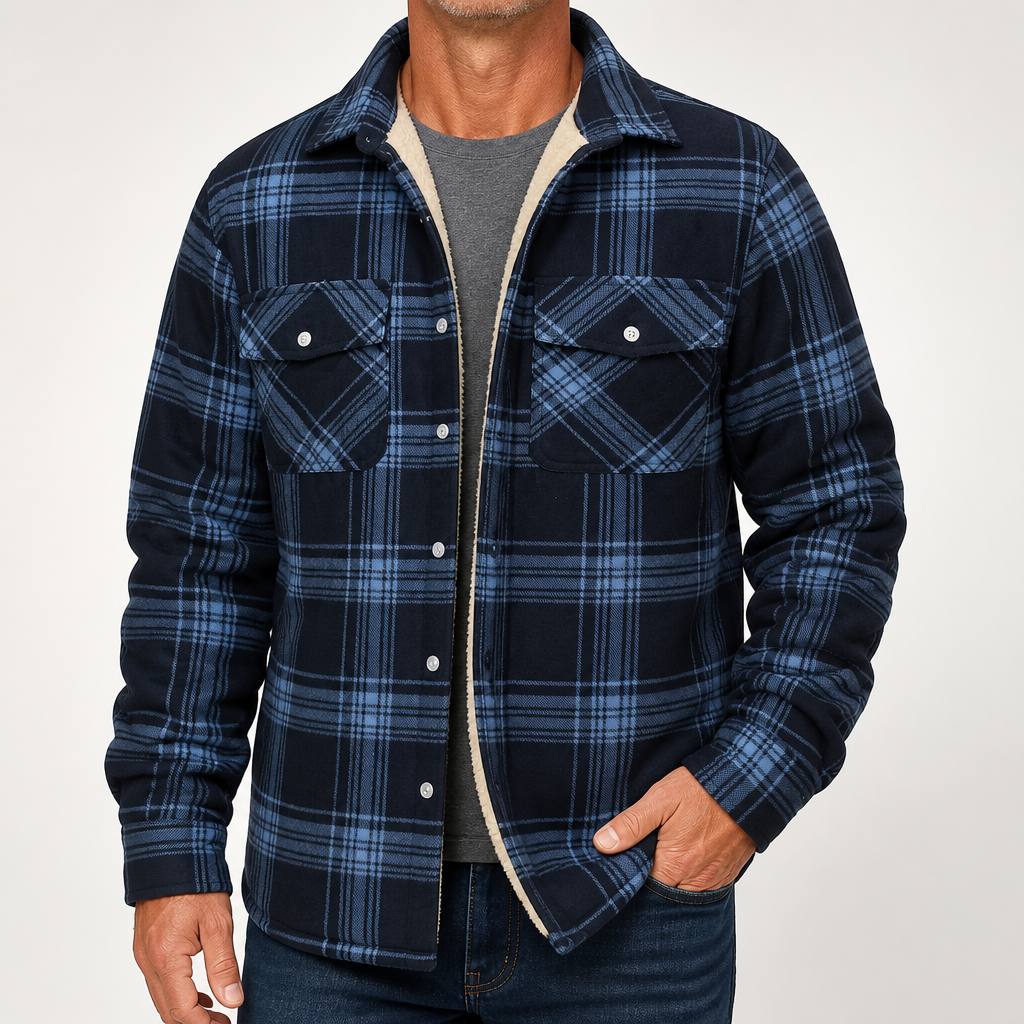 Keir | Mens Flannel Plaid Shirt Quilted Fleece Winter Down Padded Jacket, Dark Blue Plaid Fleece Lined
