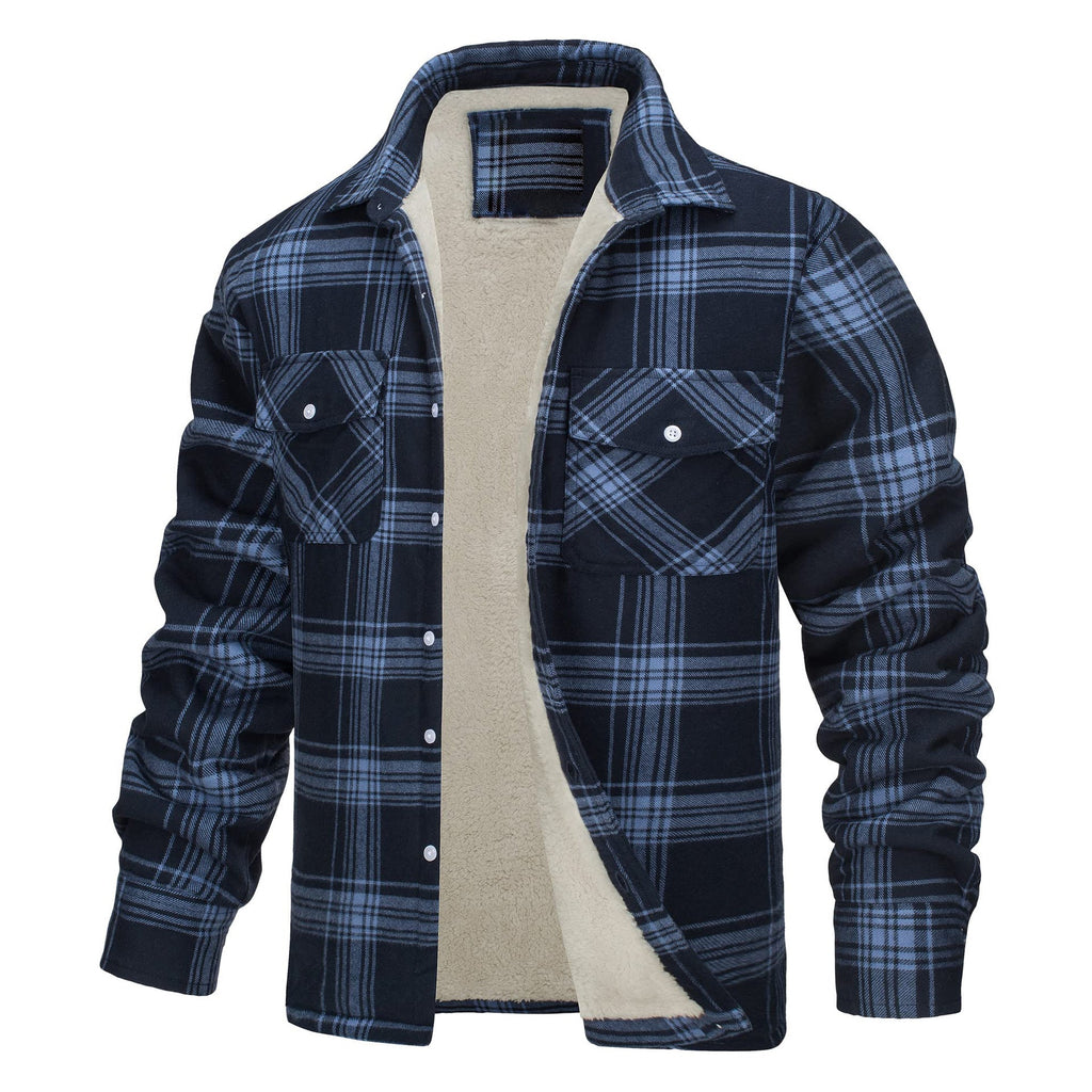 Keir | Mens Flannel Plaid Shirt Jacket, Dark Blue Plaid Fleece Lined