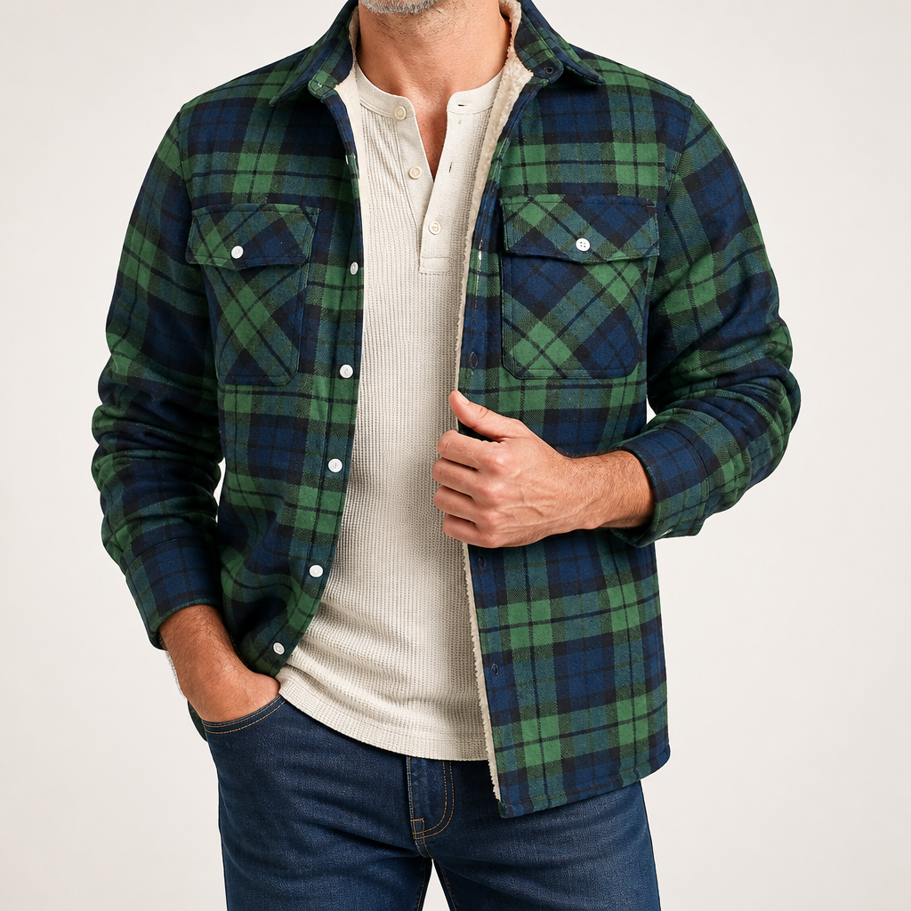 Keir | Mens Flannel Plaid Shirt Quilted Fleece Winter Down Padded Jacket, Green Fleece Lined