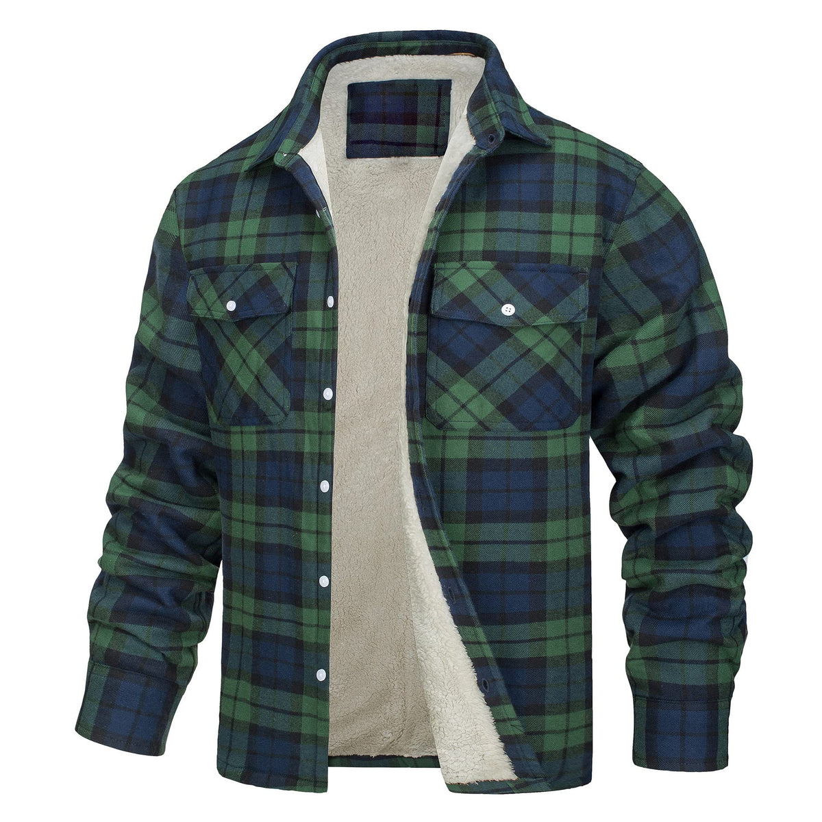 Keir | Mens Flannel Plaid Shirt Jacket, Green Fleece Lined