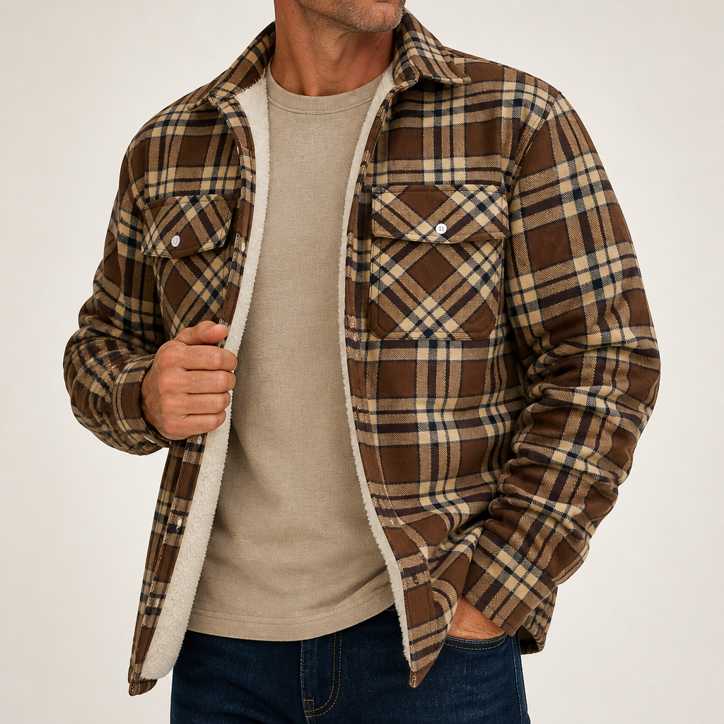 Keir | Mens Flannel Plaid Shirt Quilted Fleece Winter Down Padded Jacket, Khaki Fleece Lined