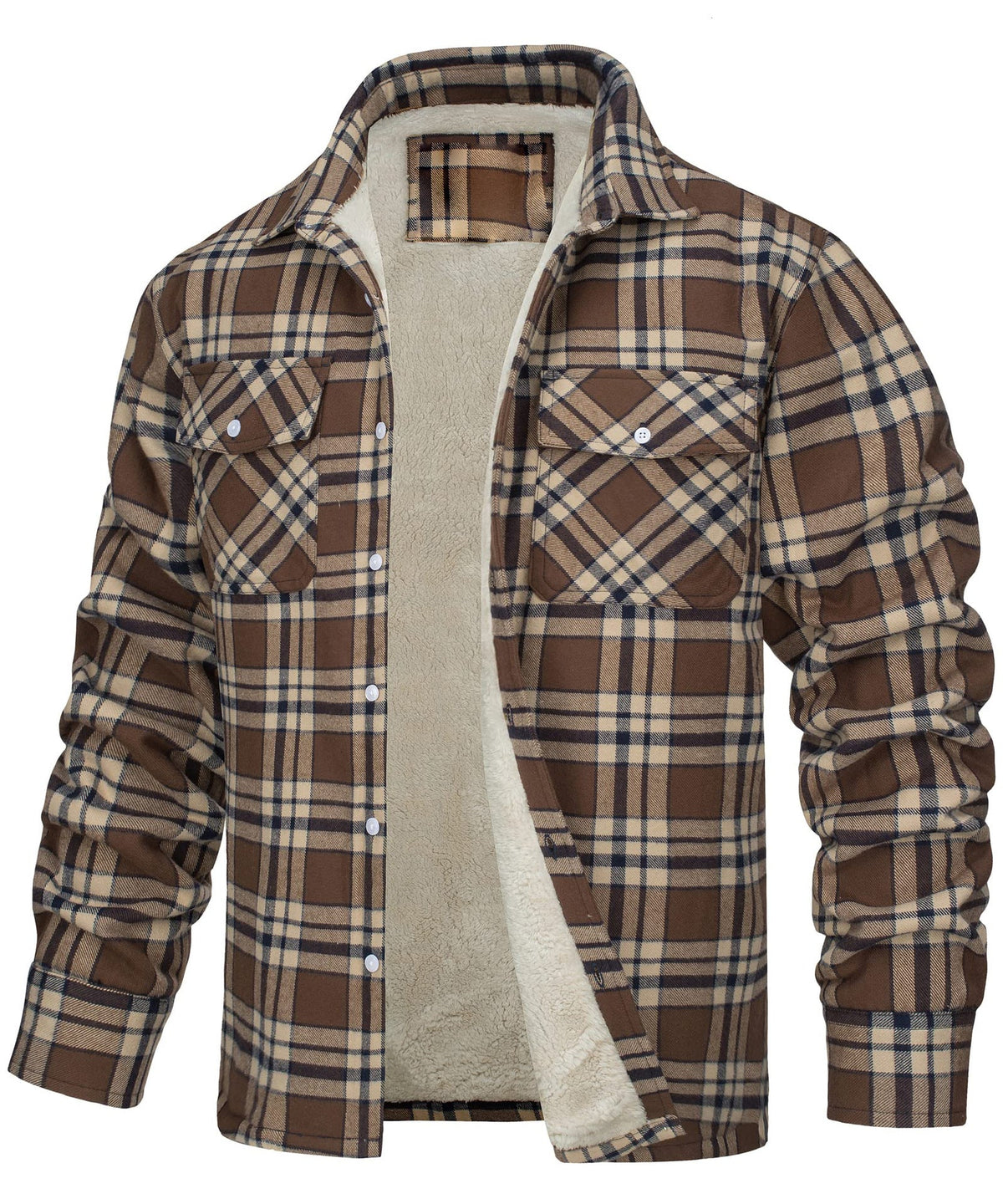 Keir | Mens Flannel Plaid Shirt Jacket, Khaki Fleece Lined