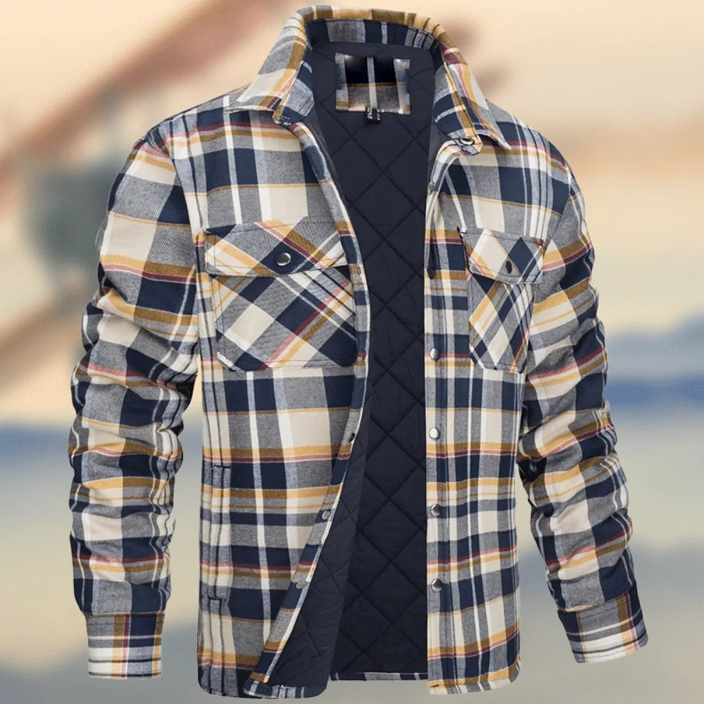 Keir | Mens Flannel Plaid Shirt Jacket, Khaki Quilted
