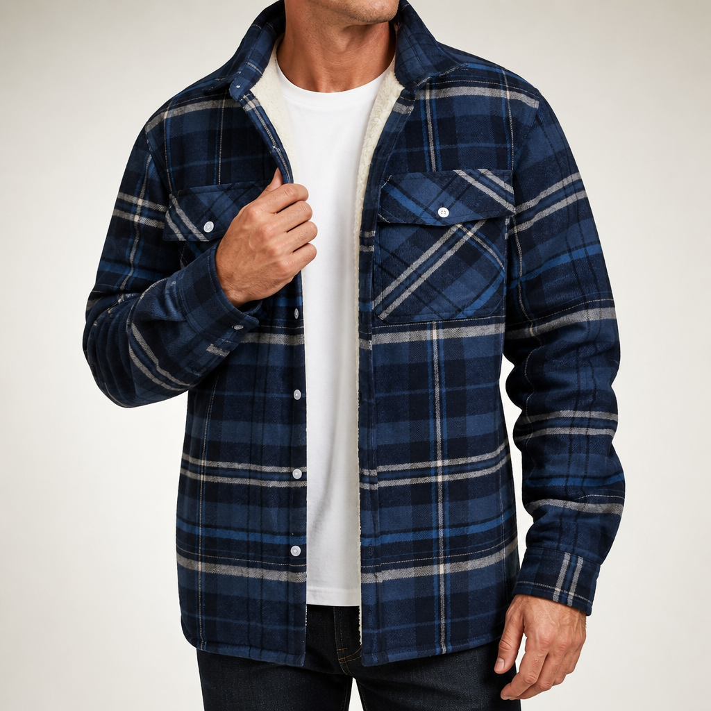 Keir | Mens Flannel Plaid Shirt Quilted Fleece Winter Down Padded Jacket, Navy Blue Fleece Lined