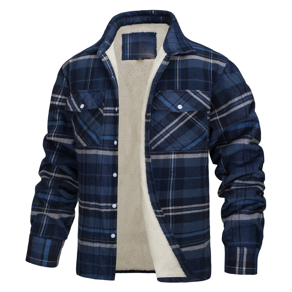 Keir | Mens Flannel Plaid Shirt Jacket, Navy Blue Fleece Lined