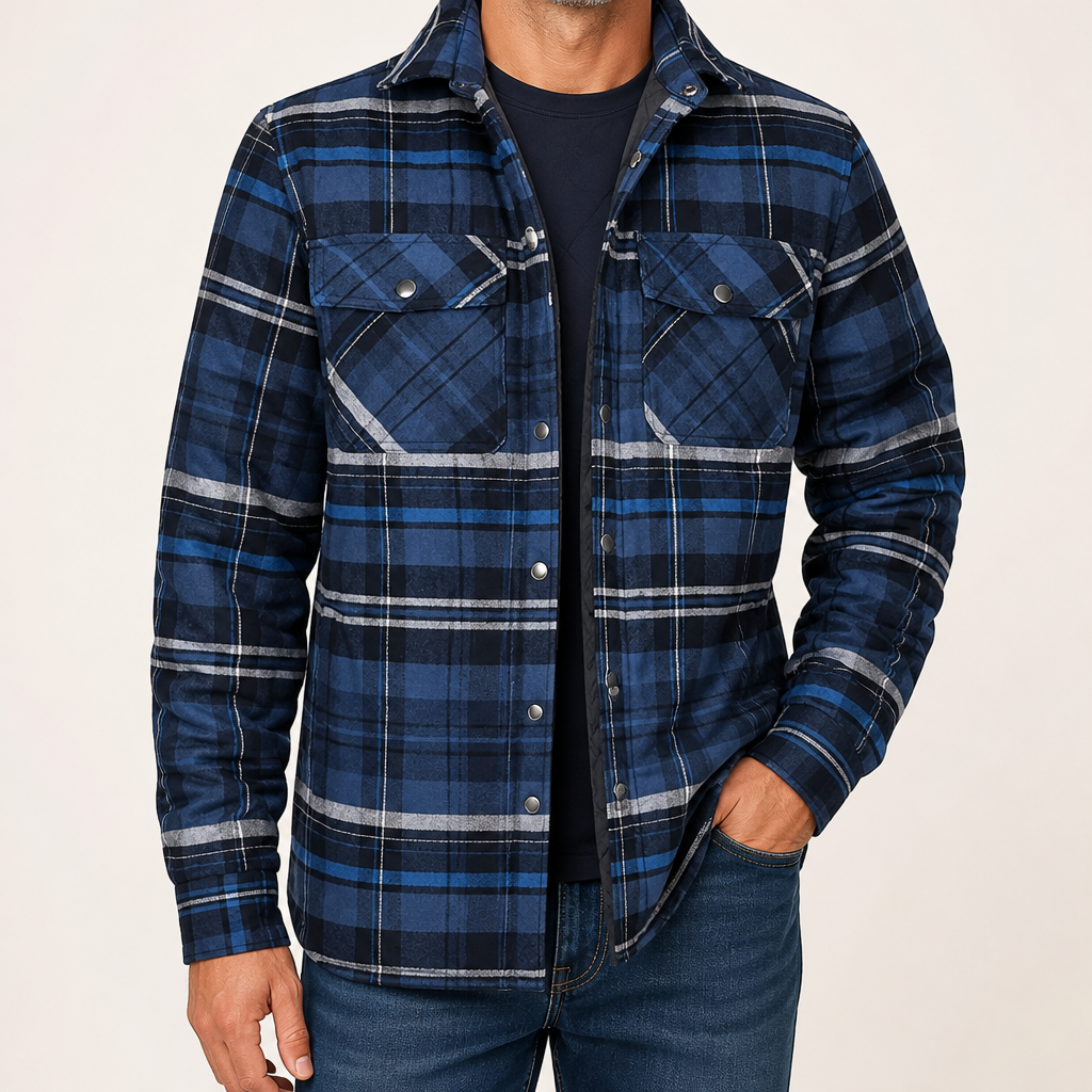 Keir | Mens Flannel Plaid Shirt Quilted Fleece Winter Down Padded Jacket, Navy Blue Quilted