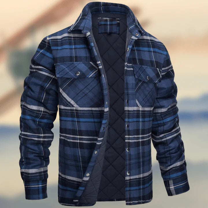 Keir | Mens Flannel Plaid Shirt Jacket, Navy Blue Quilted
