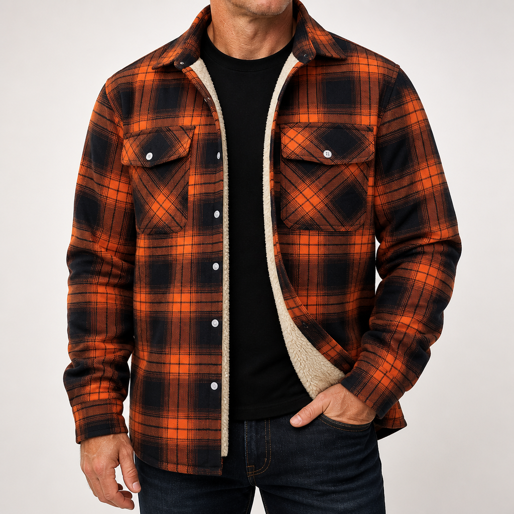 Keir | Mens Flannel Plaid Shirt Quilted Fleece Winter Down Padded Jacket, Orange Fleece Lined
