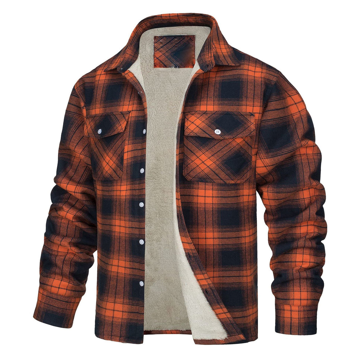 Keir | Mens Flannel Plaid Shirt Jacket, Orange Fleece Lined