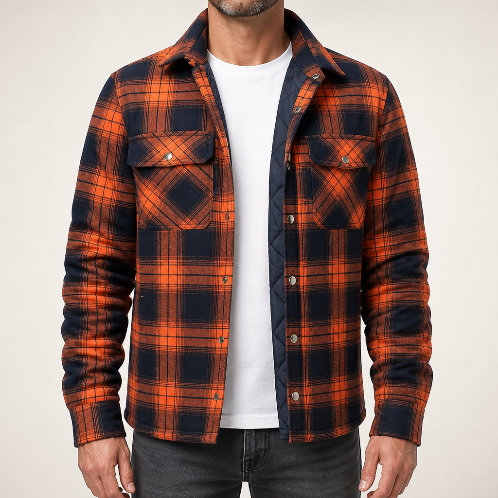 Keir | Mens Flannel Plaid Shirt Quilted Fleece Winter Down Padded Jacket, Orange Quilted