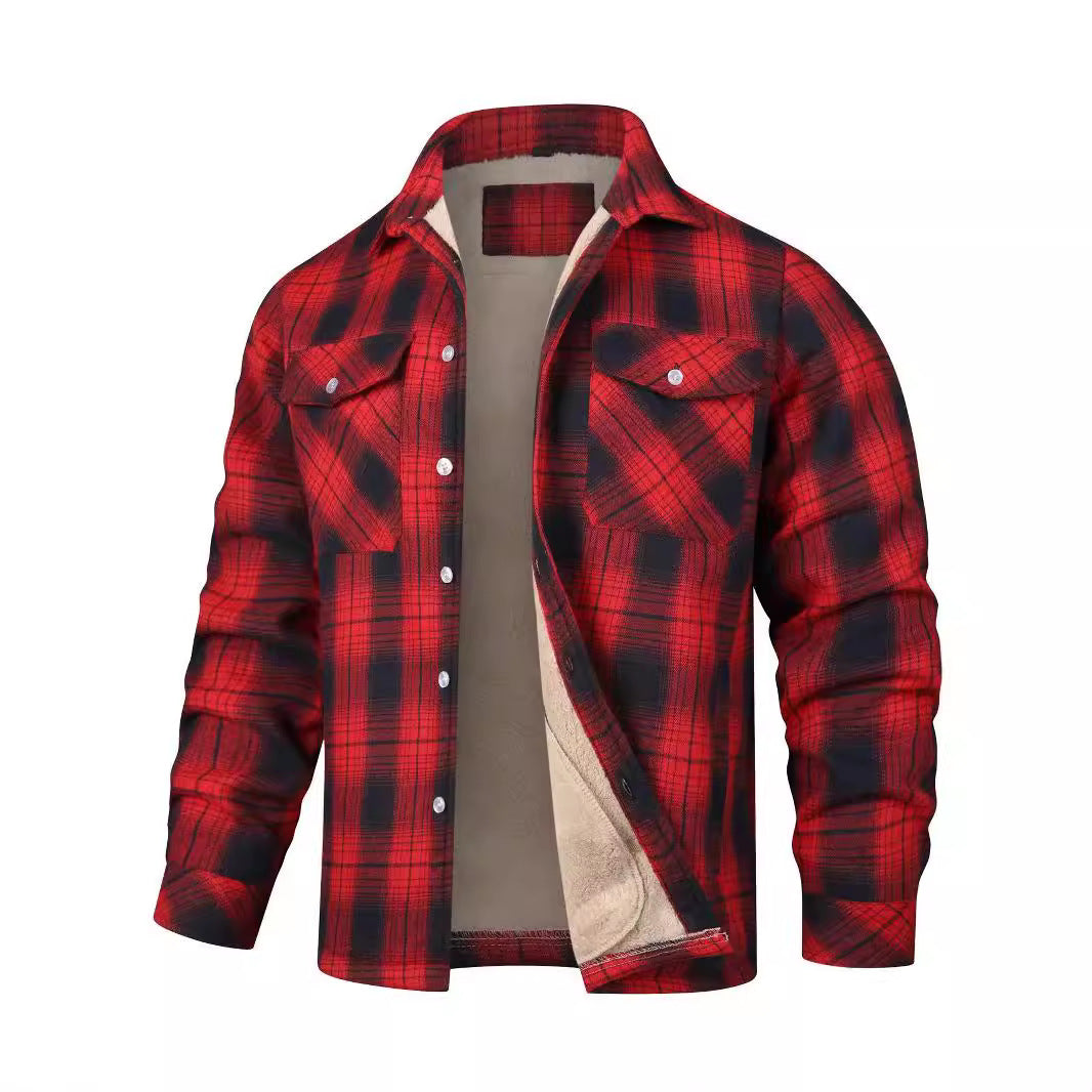 Keir | Mens Flannel Plaid Shirt Jacket, Red Fleece Lined