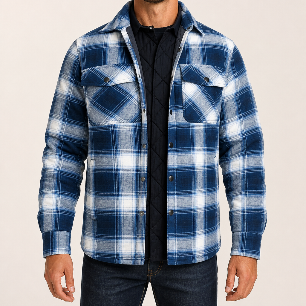 Keir | Mens Flannel Plaid Shirt Quilted Fleece Winter Down Padded Jacket, Sky Blue Quilted