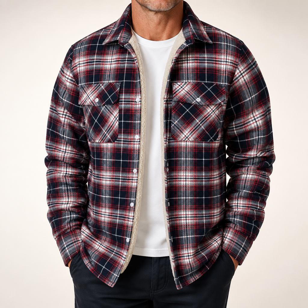 Keir | Mens Flannel Plaid Shirt Quilted Fleece Winter Down Padded Jacket, Wine Red Fleece Lined