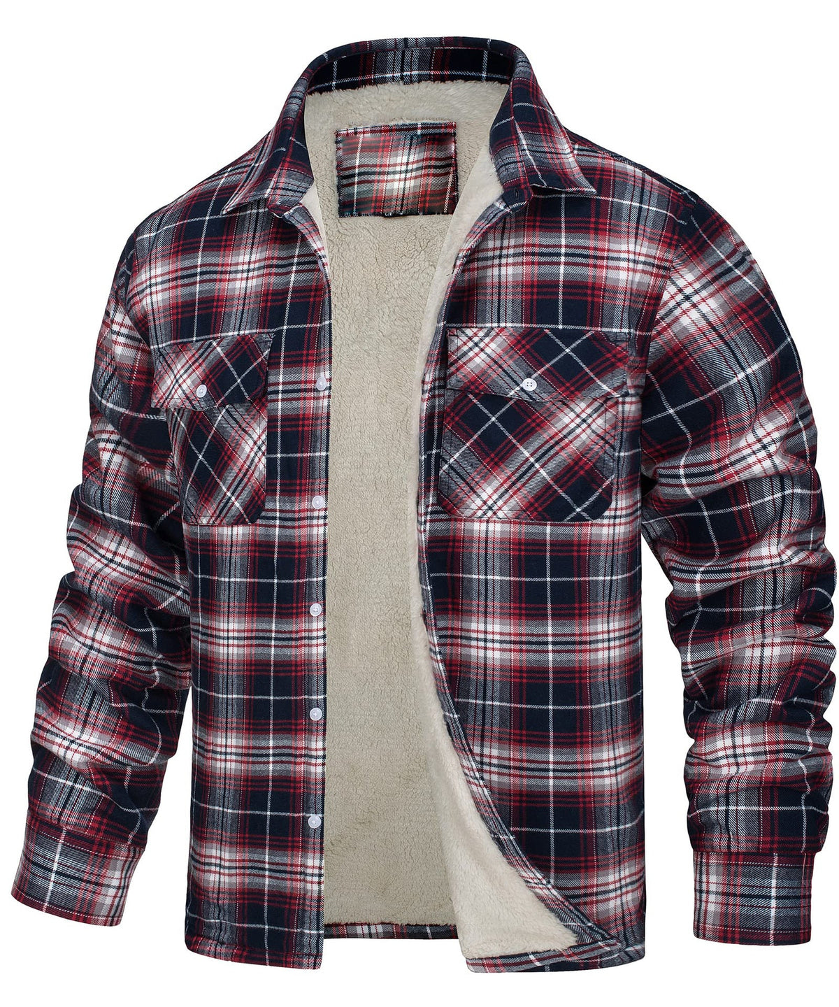 Keir | Mens Flannel Plaid Shirt Jacket, Wine Red Fleece Lined