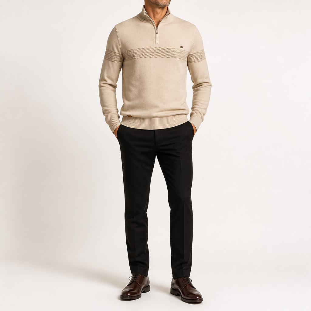 Killian | Mens Half Zip Cotton Sweater Stand Collar Casual, Apricot