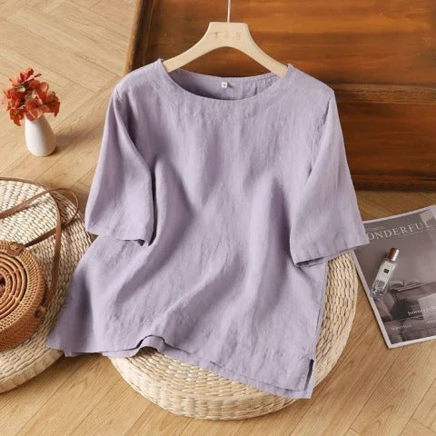 Lavinia | Womens Cotton Linen Short Sleeve Loose Summer Top - 3