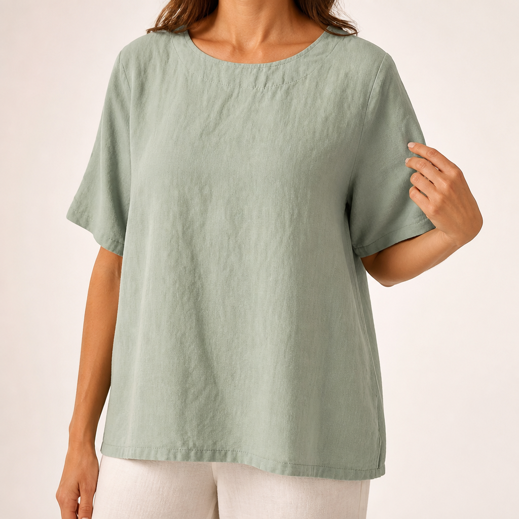 Lavinia | Womens Cotton Linen Short Sleeve Loose Summer Top, Green