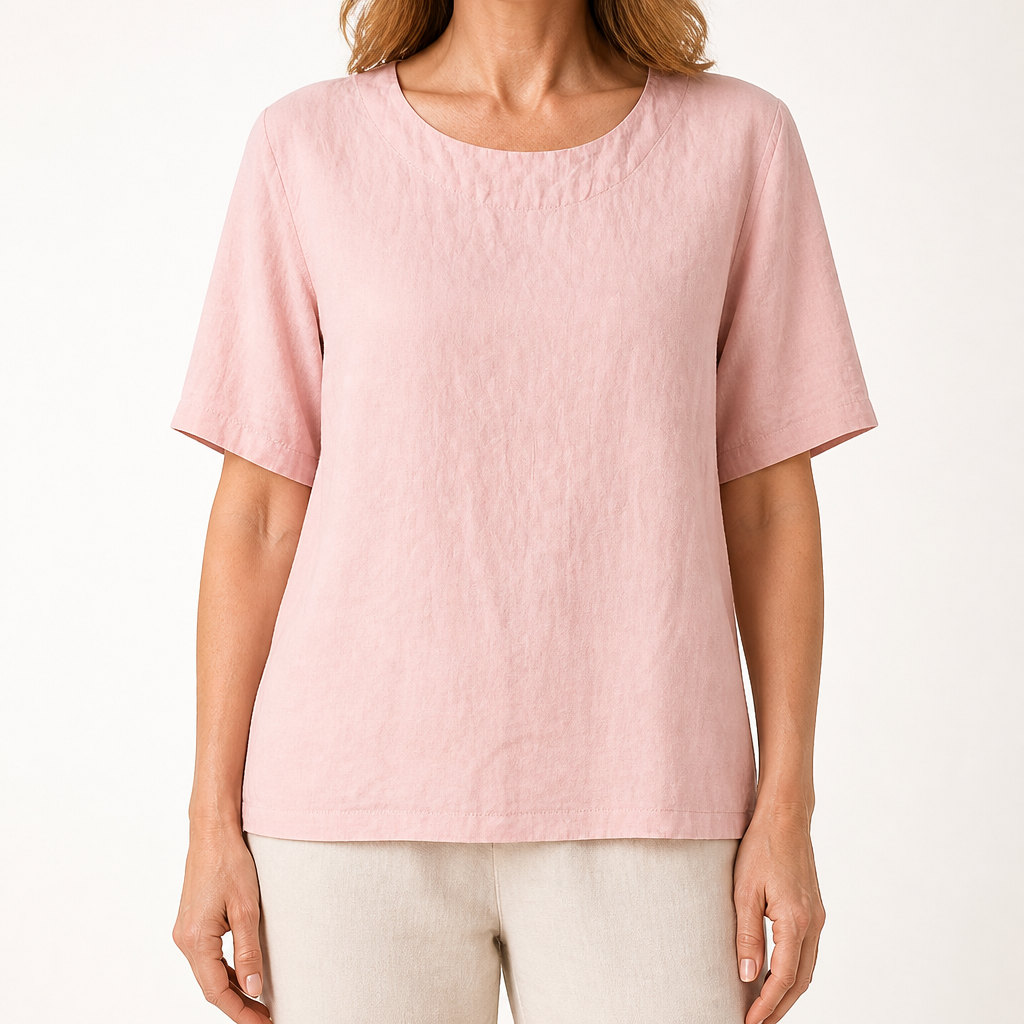 Lavinia | Womens Cotton Linen Short Sleeve Loose Summer Top, Pink