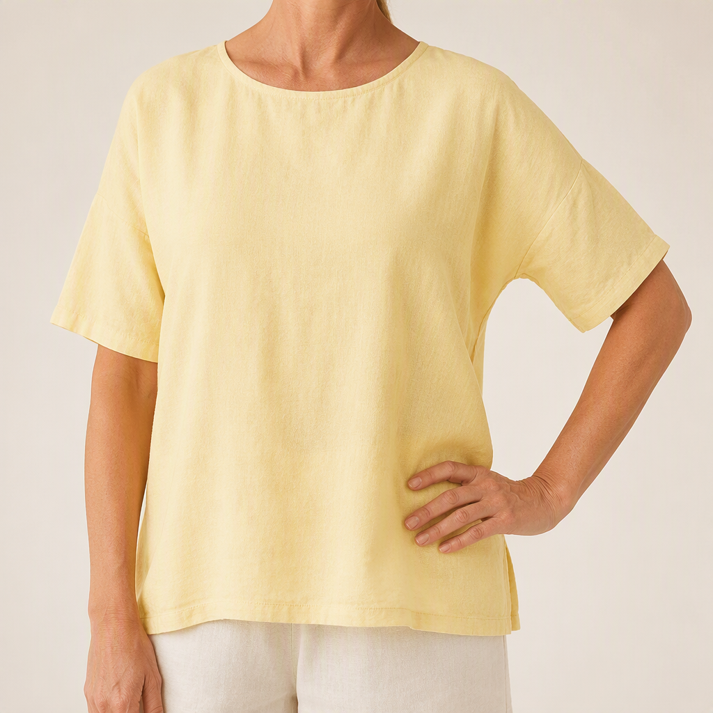 Lavinia | Womens Cotton Linen Short Sleeve Loose Summer Top, Yellow