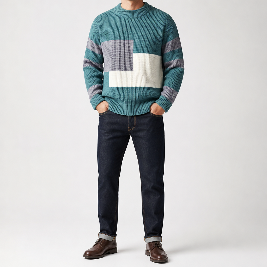 Leland | Mens Knitted Winter Warm Loose Contrast Colour Sweater, Pearl Green