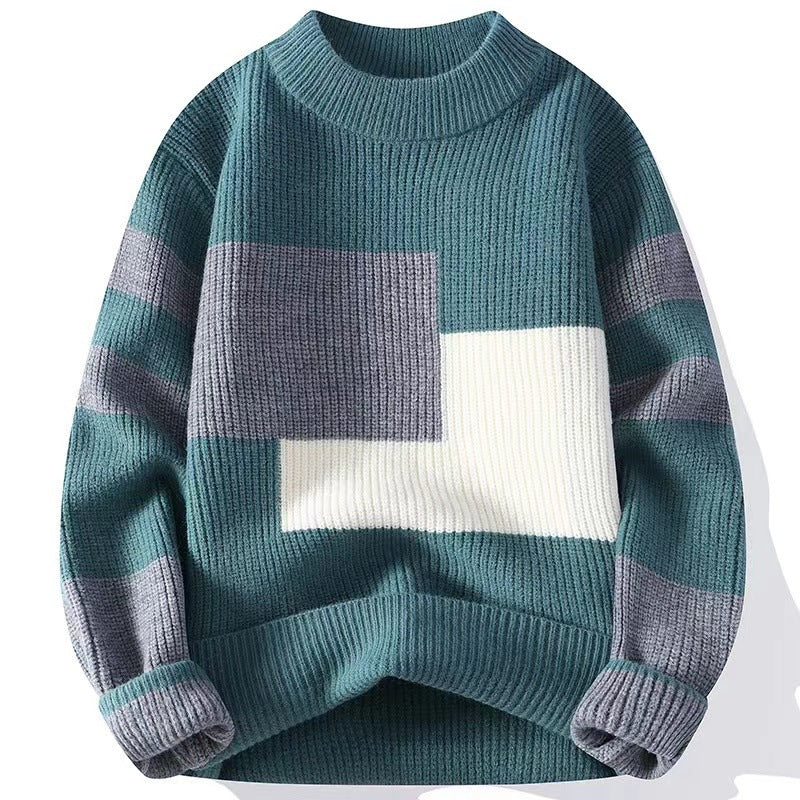 Leland | Mens Knitted Winter Warm Loose Contrast Colour Sweater - Pearl Green