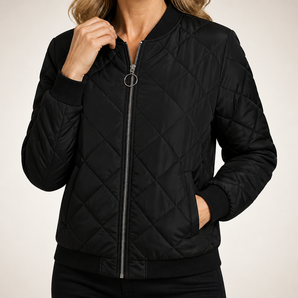 Leonie | Womens Black Quilted Bomber Winter Autumn Padded Soft Shell Jacket, Black