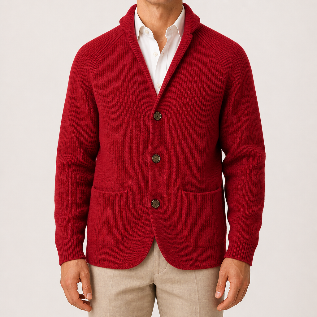 Leopold | Mens Three Button Notch Lapel Knitted Gentleman Cardigan, Red
