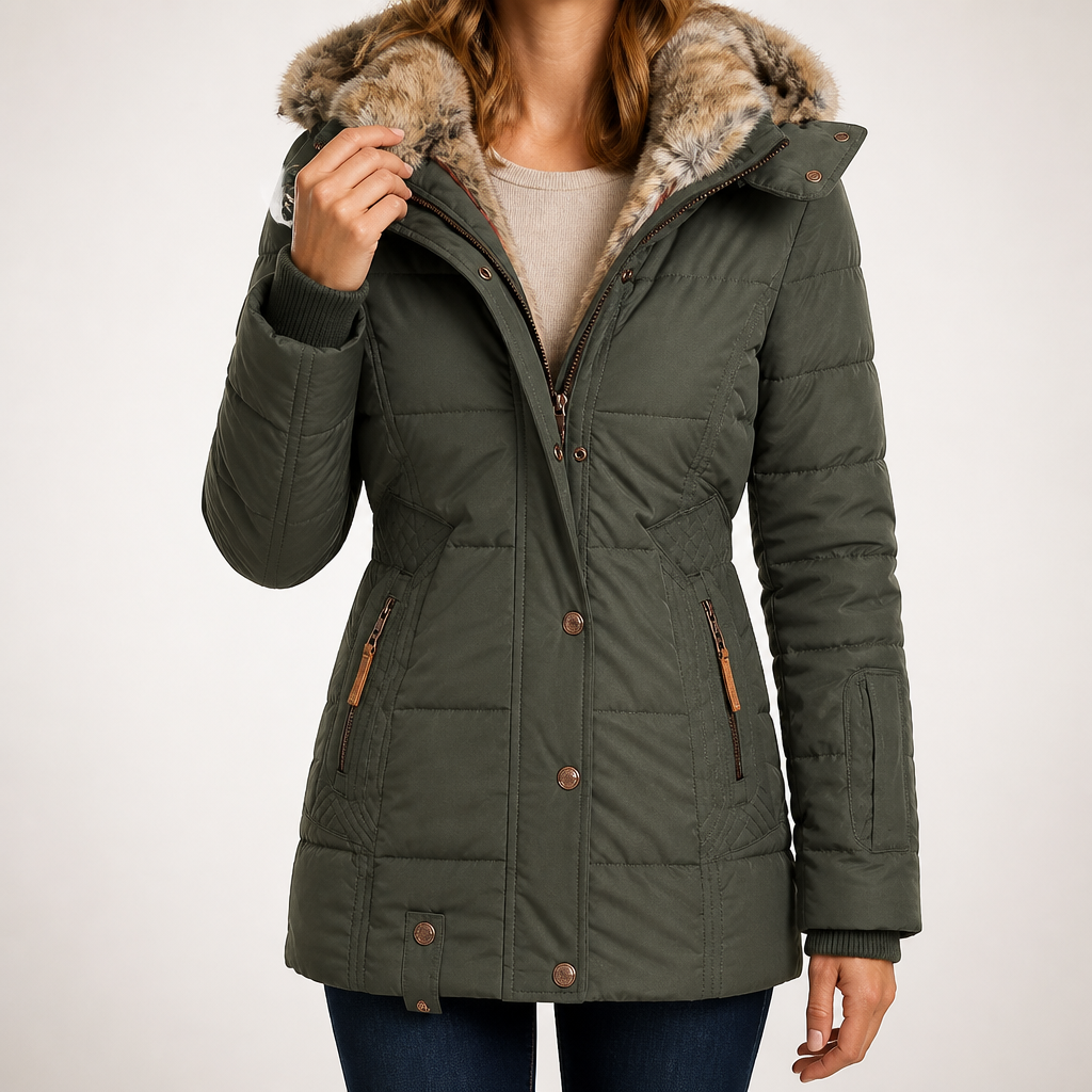Linnea | Womens Parka Coat Fur Collar Padded Warm Winter Coat, Green