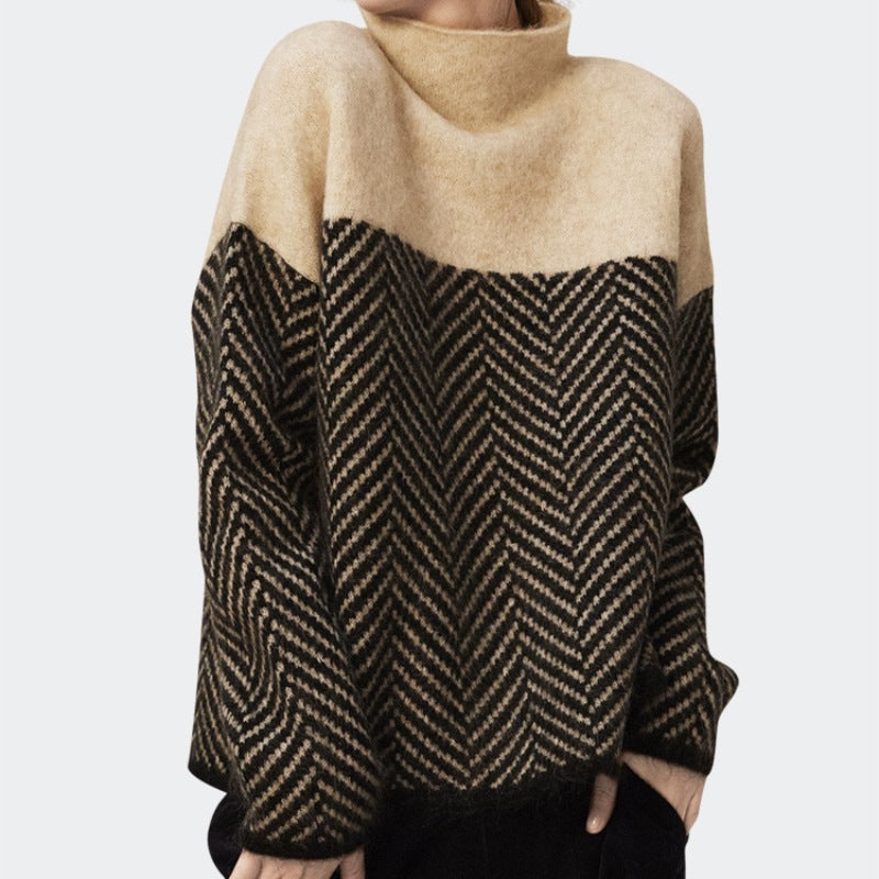 Linnea | Womens Striped Turtleneck Knitted Oversized Jumper - 1